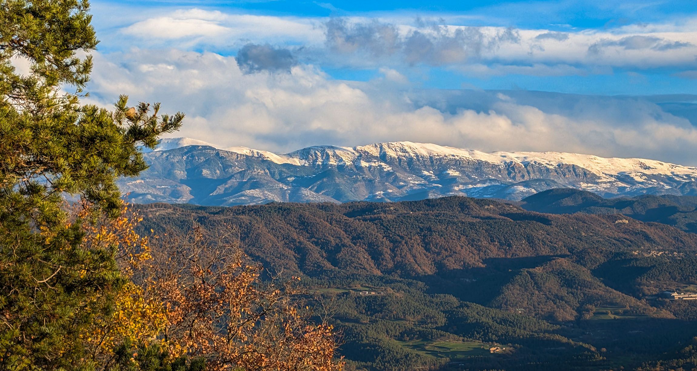 Neu a Serra Cavallera i al Taga, amb tardor en primer pla avui a Sant Agustí de Lluçanès (Osona)