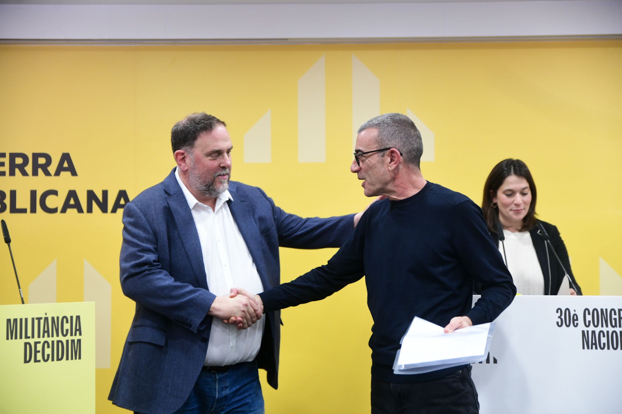 Oriol Junqueras i Xavier Godàs, en el debat celebrat aquest dijous a la seu d'ERC.