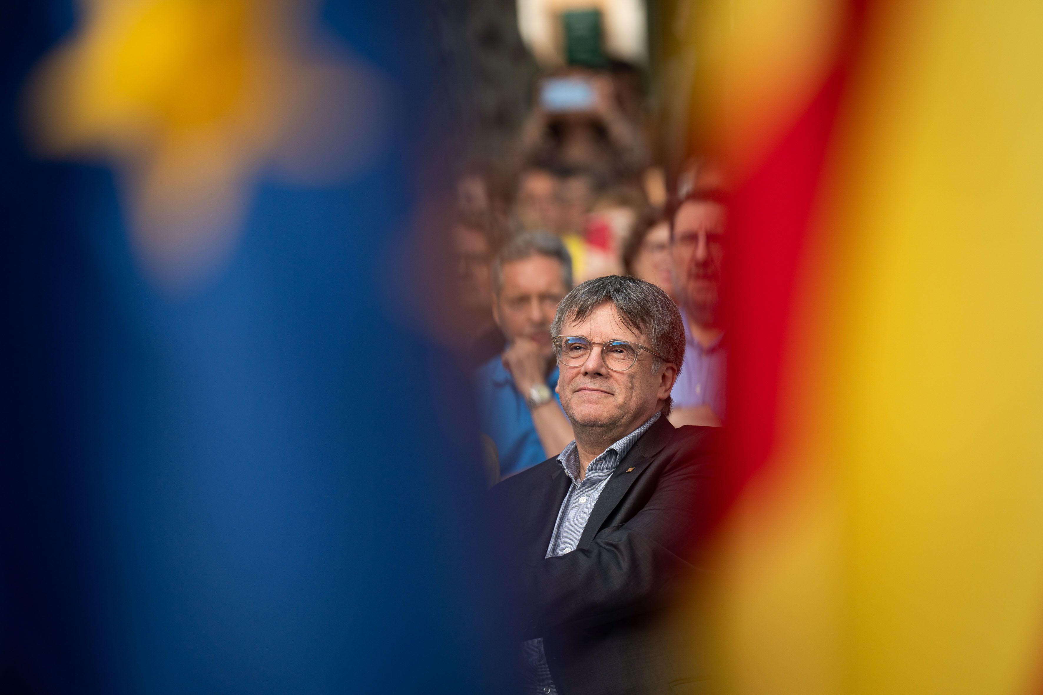 L'expresident de la Generalitat Carles Puigdemont durant un acte de campanya de Junts a Colliure