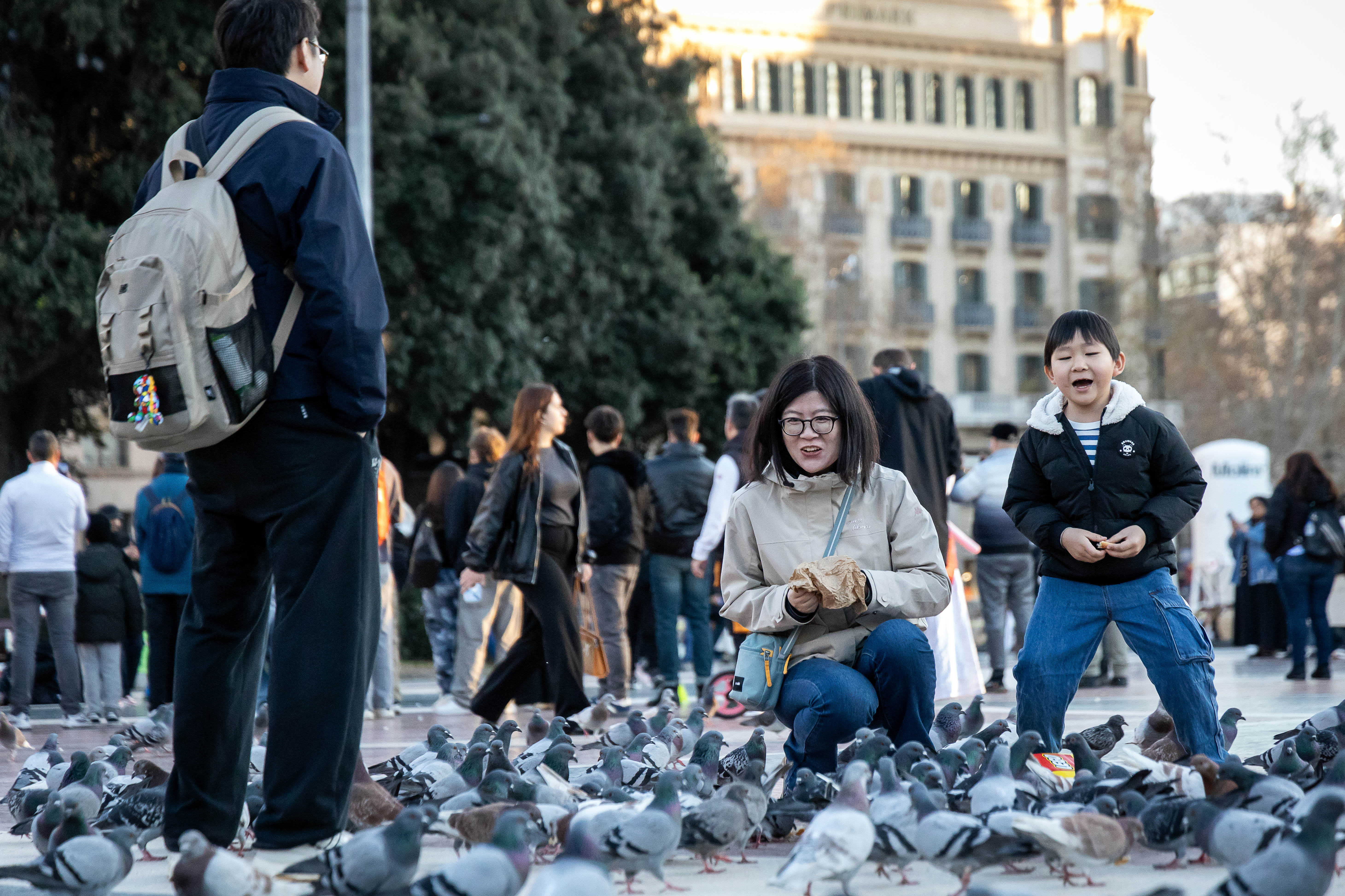 Turistes amb els coloms de la plaça Catalunya.