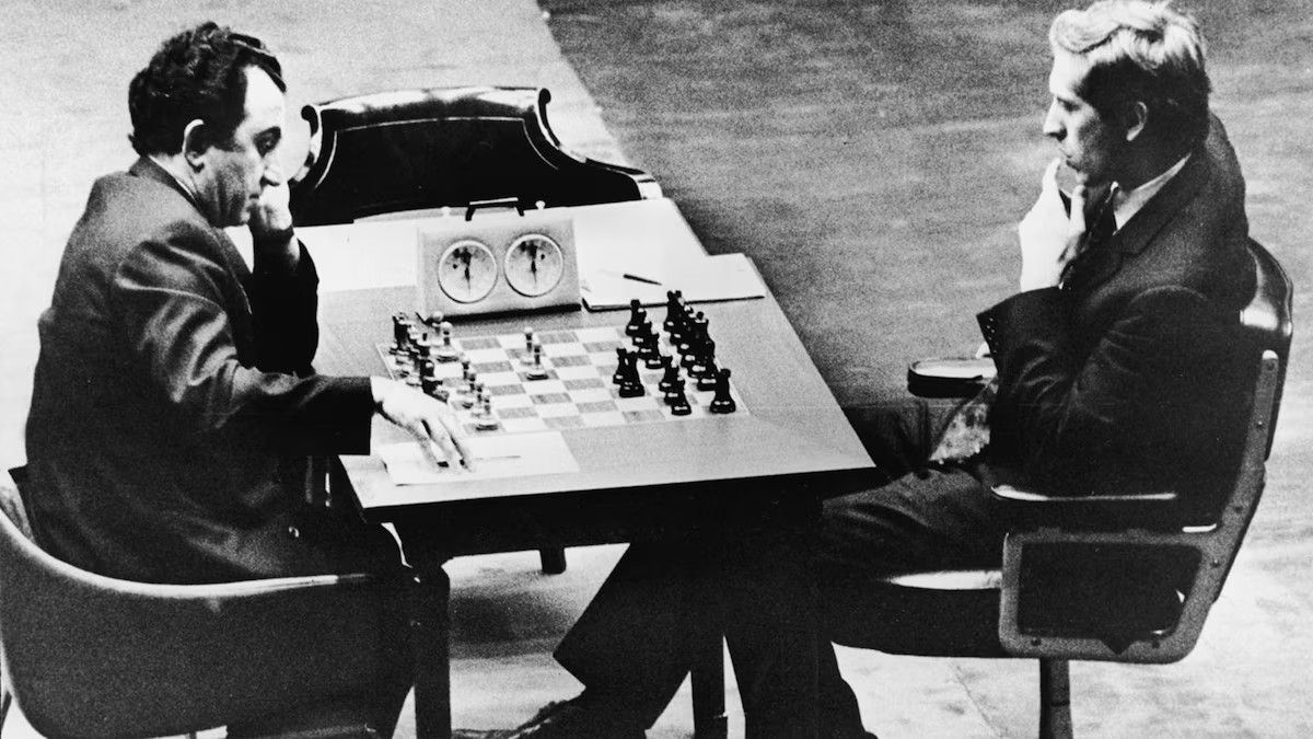 Un instant de "la Partida del Segle" entre Borís Spasski i  Bobby Fischer