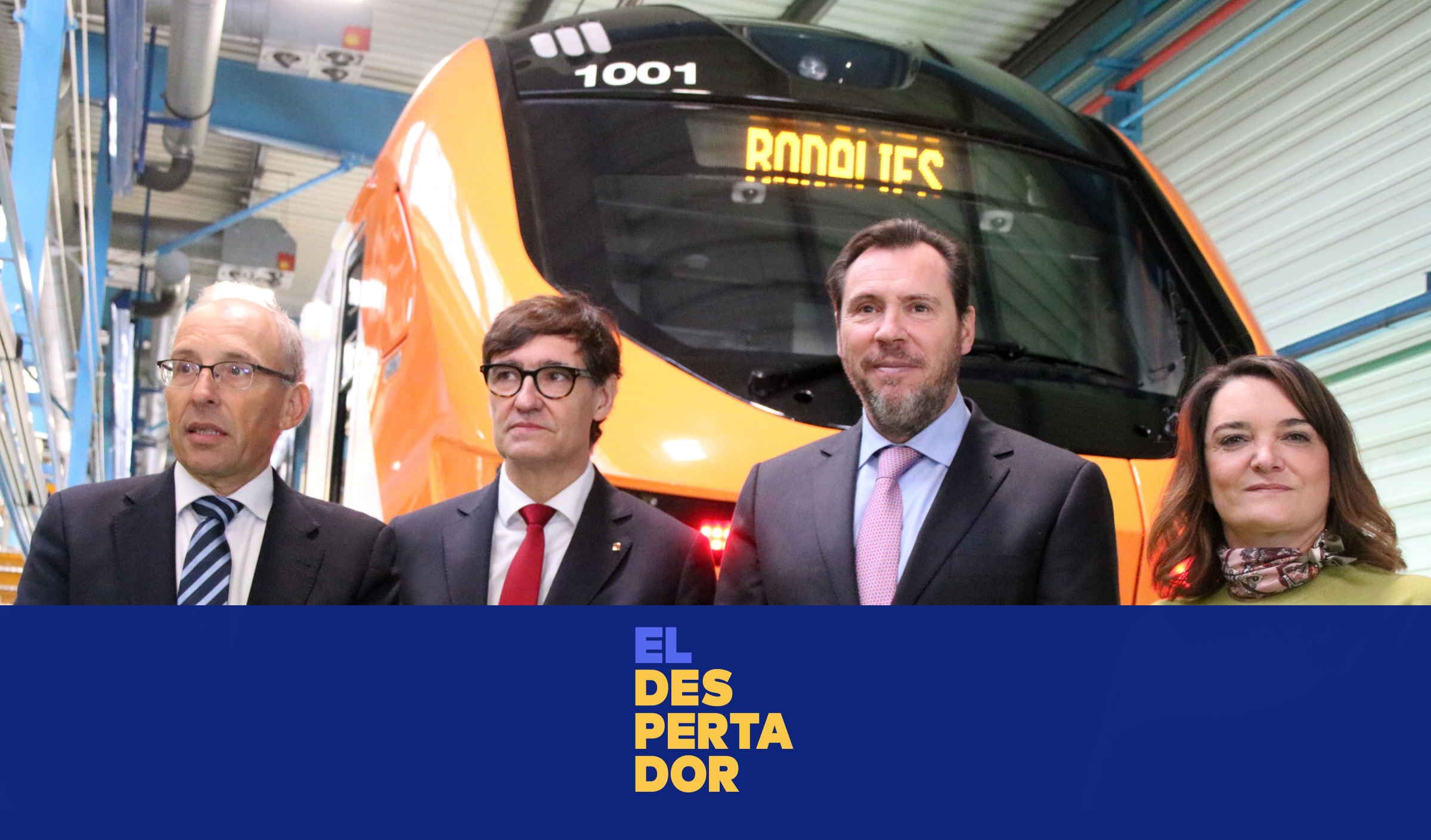 El president Salvador Illa i el ministre Óscar Puente amb un dels nous trens de Rodalies fabricats a Alstom