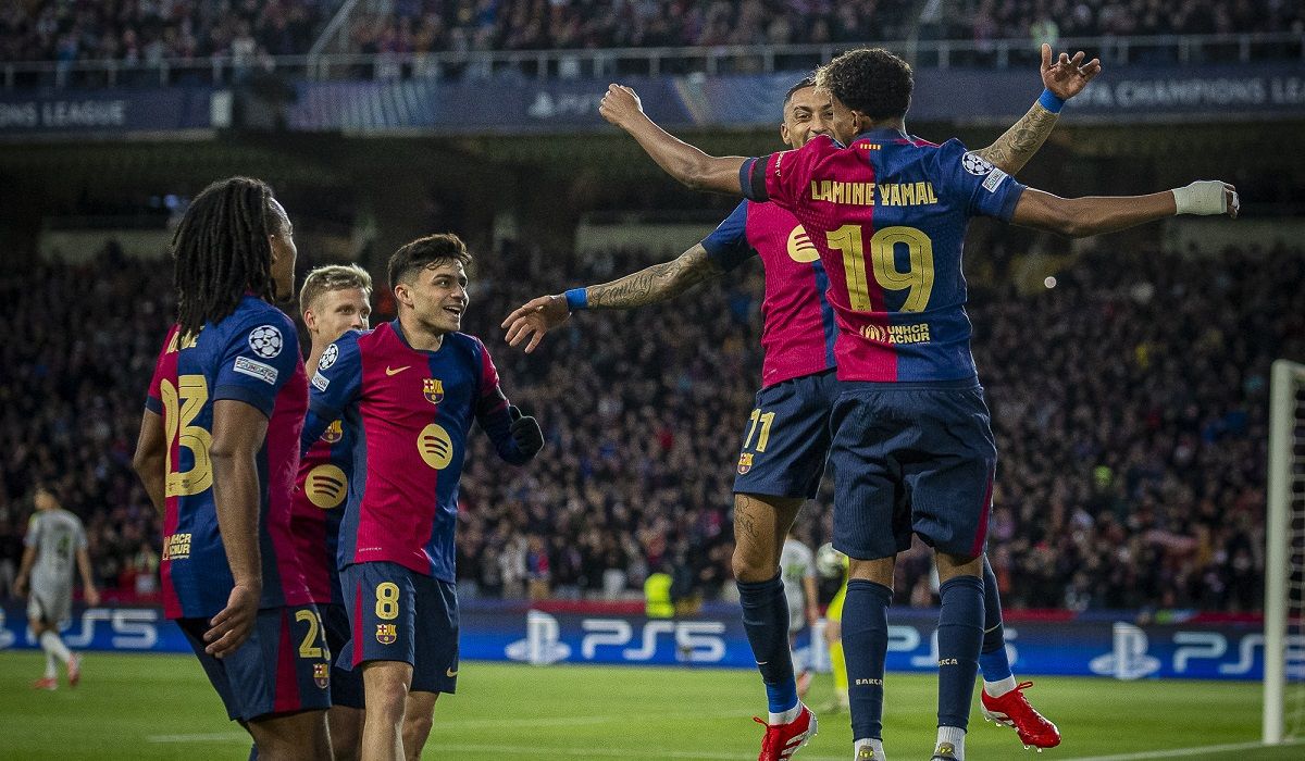 Celebració d'un gol del Barça contra el Benfica