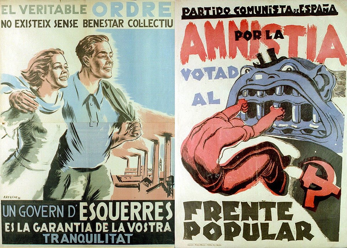 Cartells de campanya: «El veritable ordre no existeix sense benestar col·lectiu», de Cristóbal Arteche. A la dreta, cartell del PCE sobre l'amnistia. «Per l'amnistia voteu el Frente Popular»