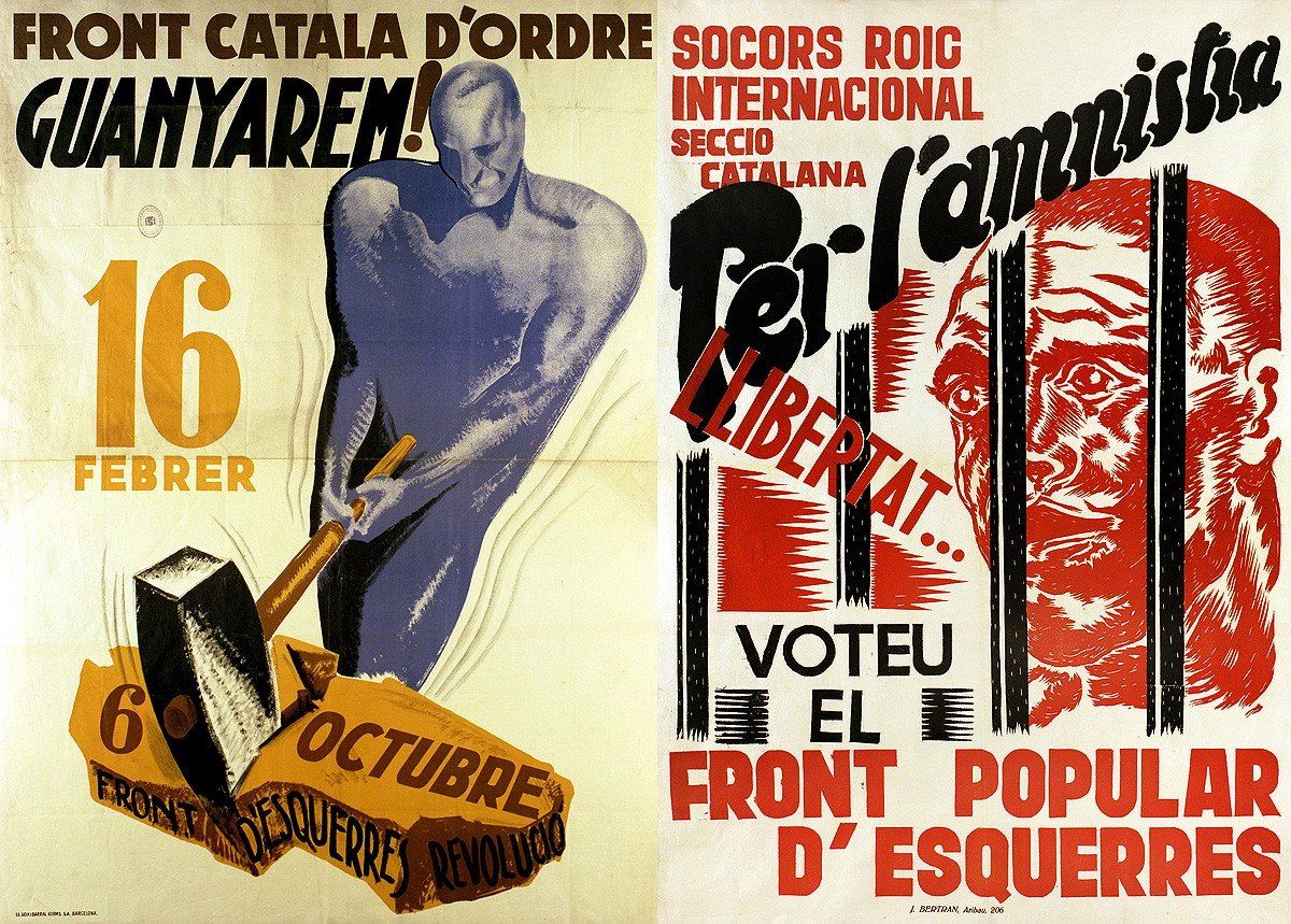 Cartell del Front Català d'Ordre. A la dreta, «Per l'amnistia: voteu el Front Popular d'Esquerres», de Socors Roig Internacional.