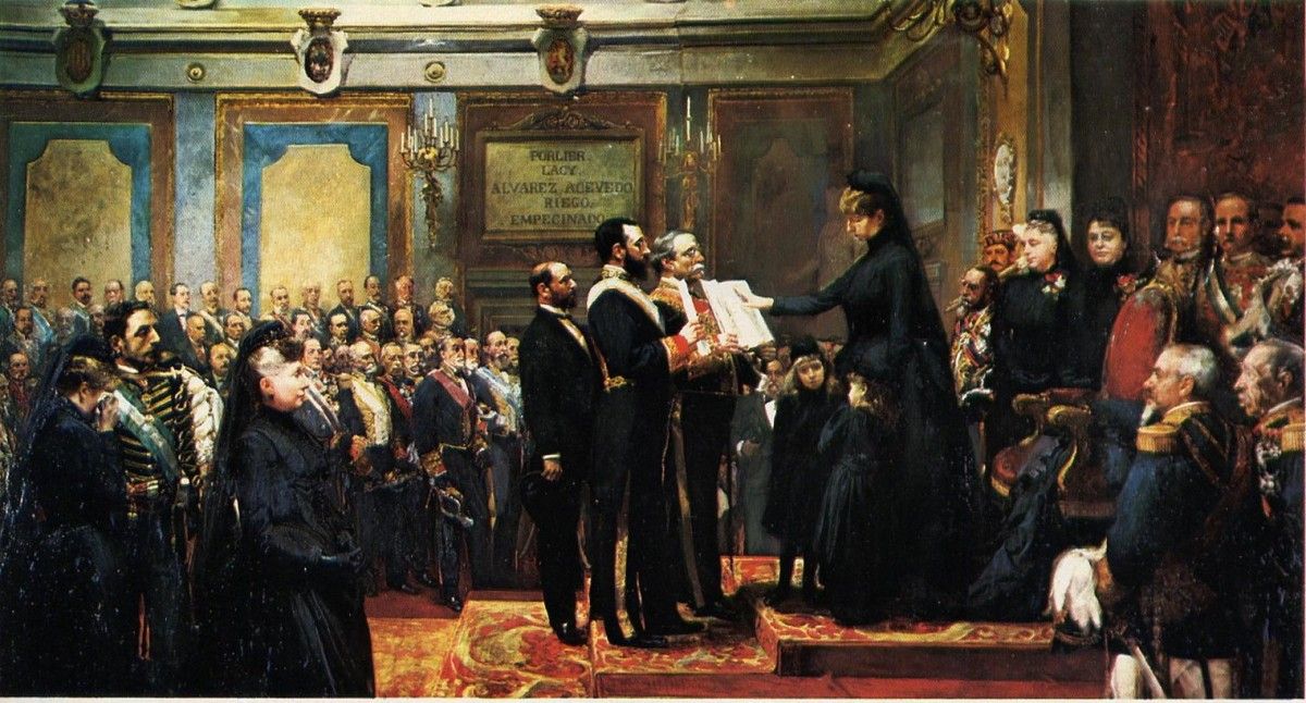 La vídua d'Alfons XII, Maria Cristina, jura la Constitució de 1876 que Cánovas del Castillo sosté.