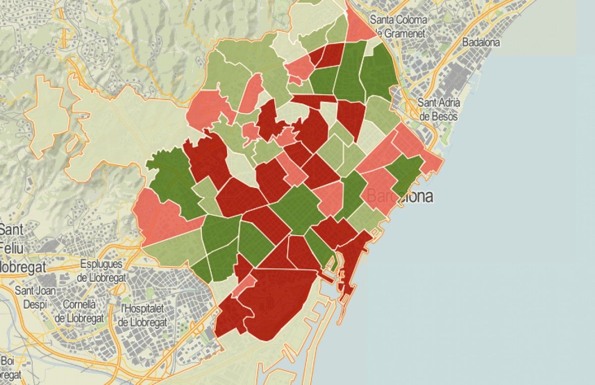 Mapa dels barris de Barcelona en funció de si perden o guanyen comerços de roba i calçat.
