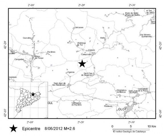 Mapa del sisme que ha fet vibrar el Ripollès.