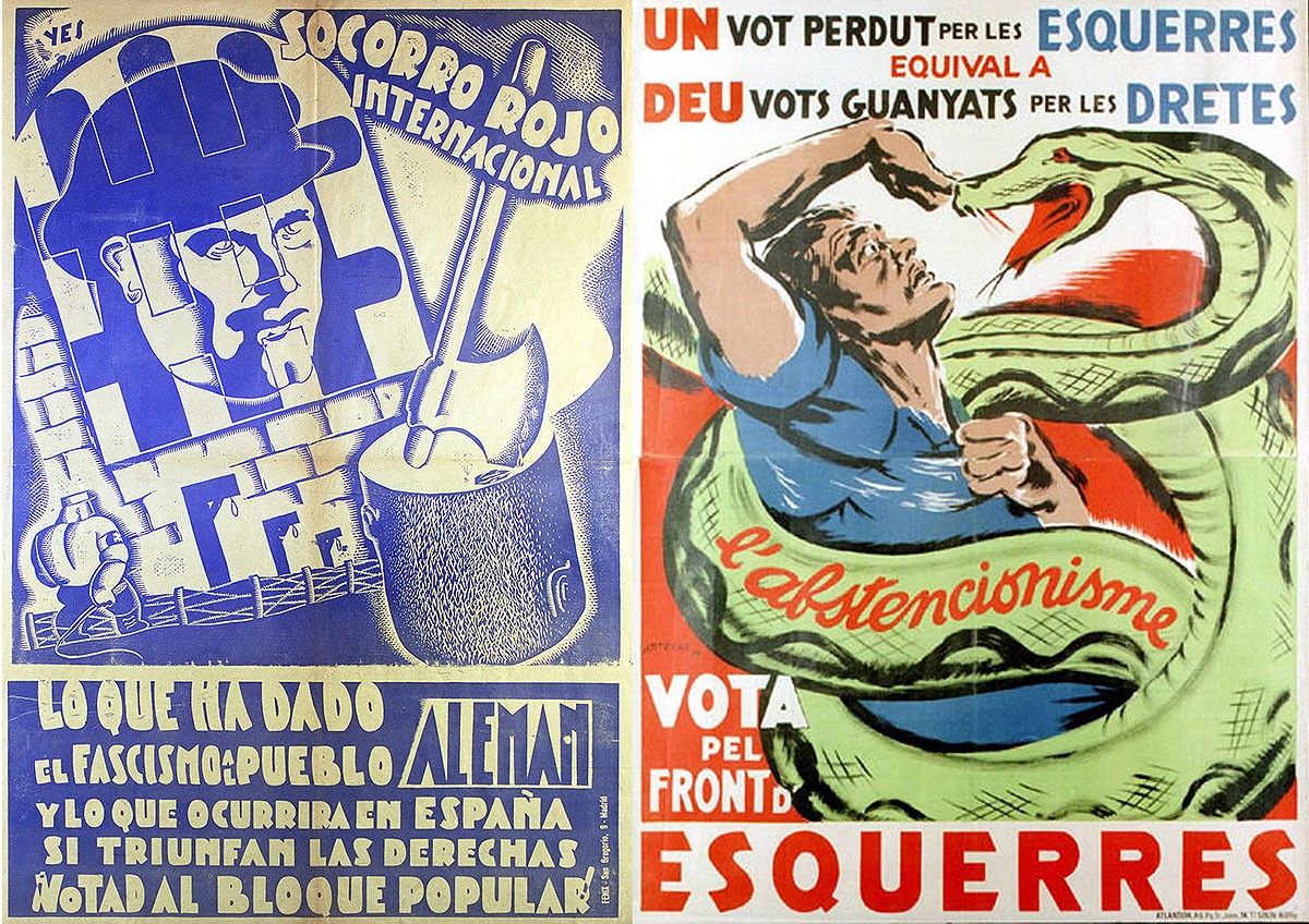 Un cartell de Socors Roig Internacional adverteix del que ha fet el feixisme a Alemanya, i un de Cristóbal Arteche alerta contra l'abstenció. 