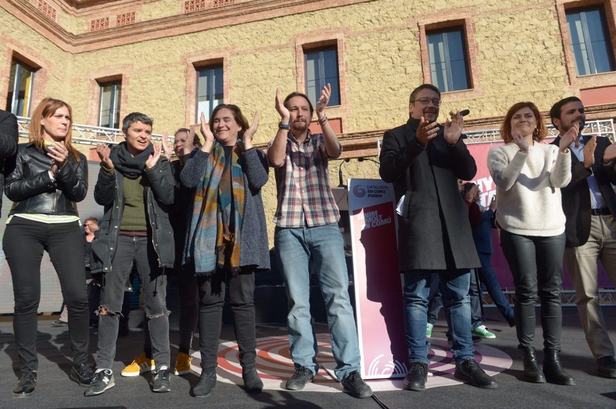 Pablo Iglesias, Xavier Domènech, Ada Colau i Alberto Garzón, al míting central de la campanya dels comuns a Nou Barris