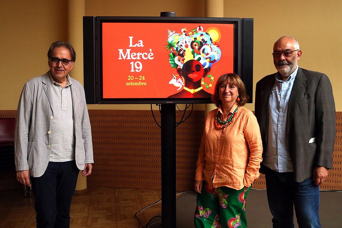 Joan Subirats, Marta Almirall i Òscar Rebollo a la presentació de la programació de La Mercè