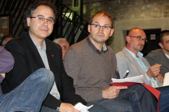 Jordi Miralles, Joan Herrera i Marc Vidal durant l'acte de campanya a Girona.