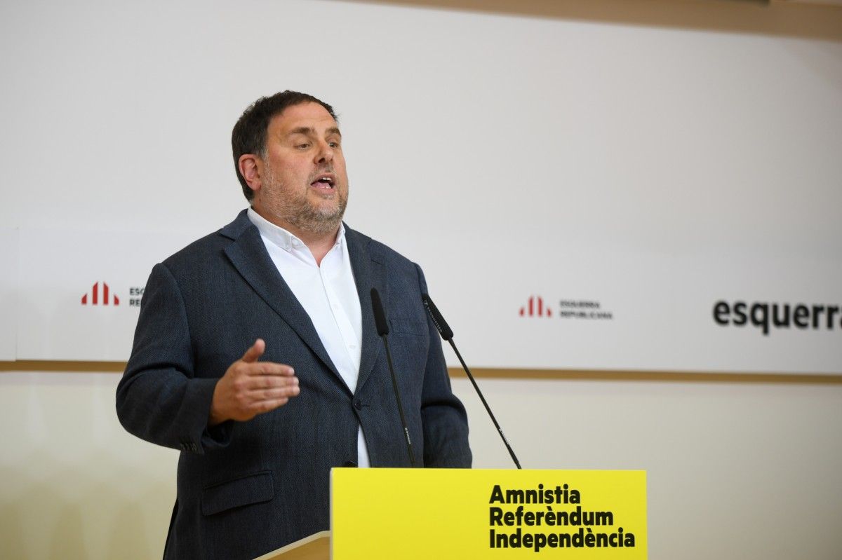 El president d'ERC, Oriol Junqueras, aquest dilluns en roda de premsa