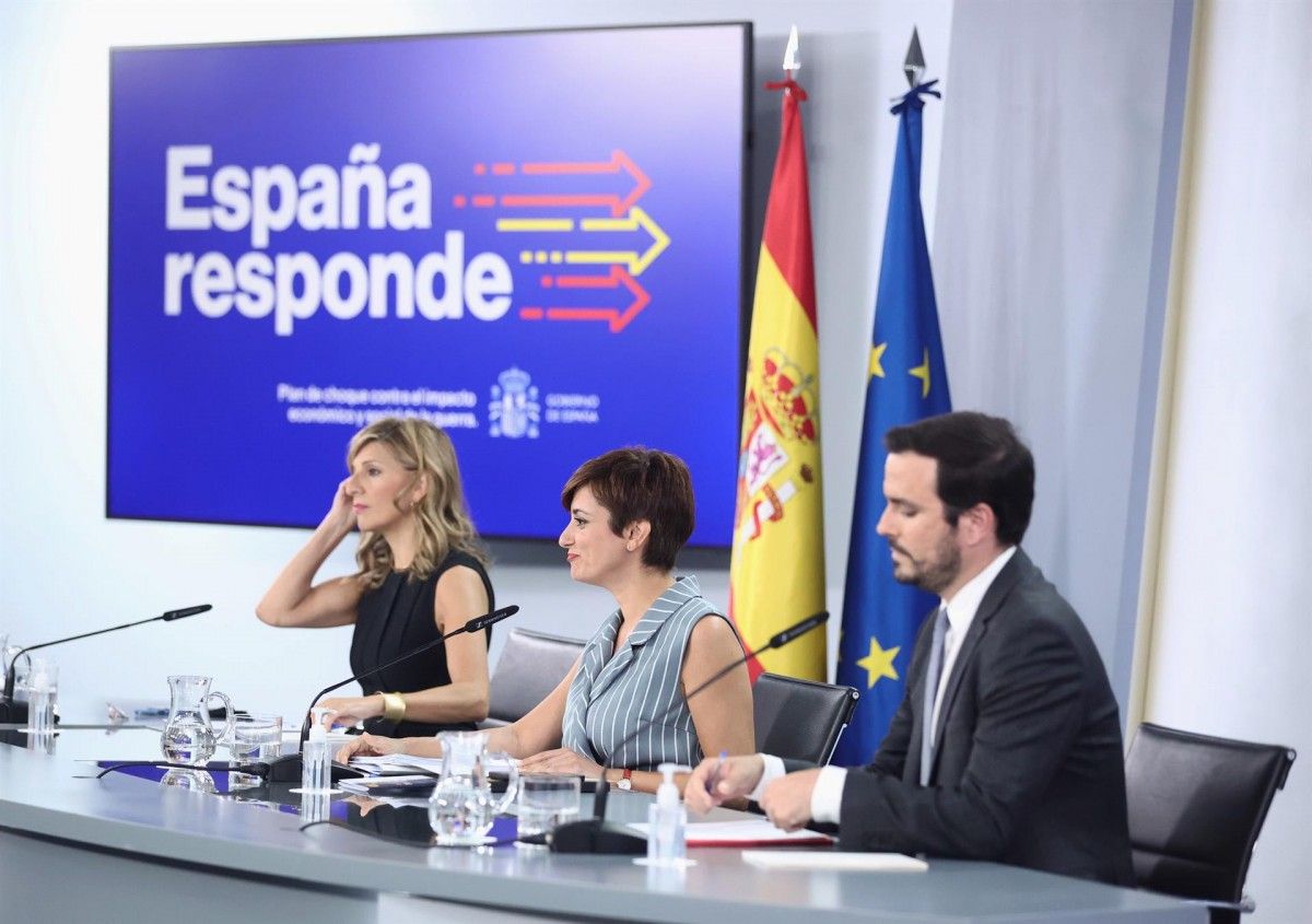 Yolanda Díaz, Isabel Rodríguez i Alberto Garzón dsprés del consell de ministres