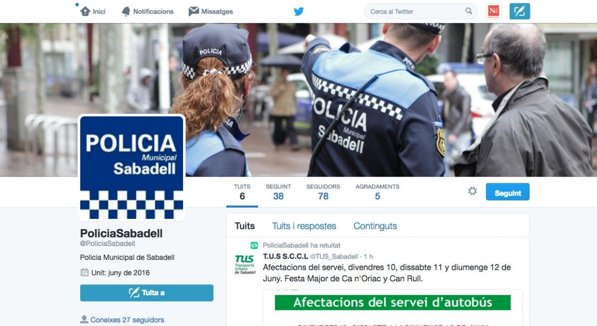 Perfil de Twitter de la Policia Municipal de Sabadell