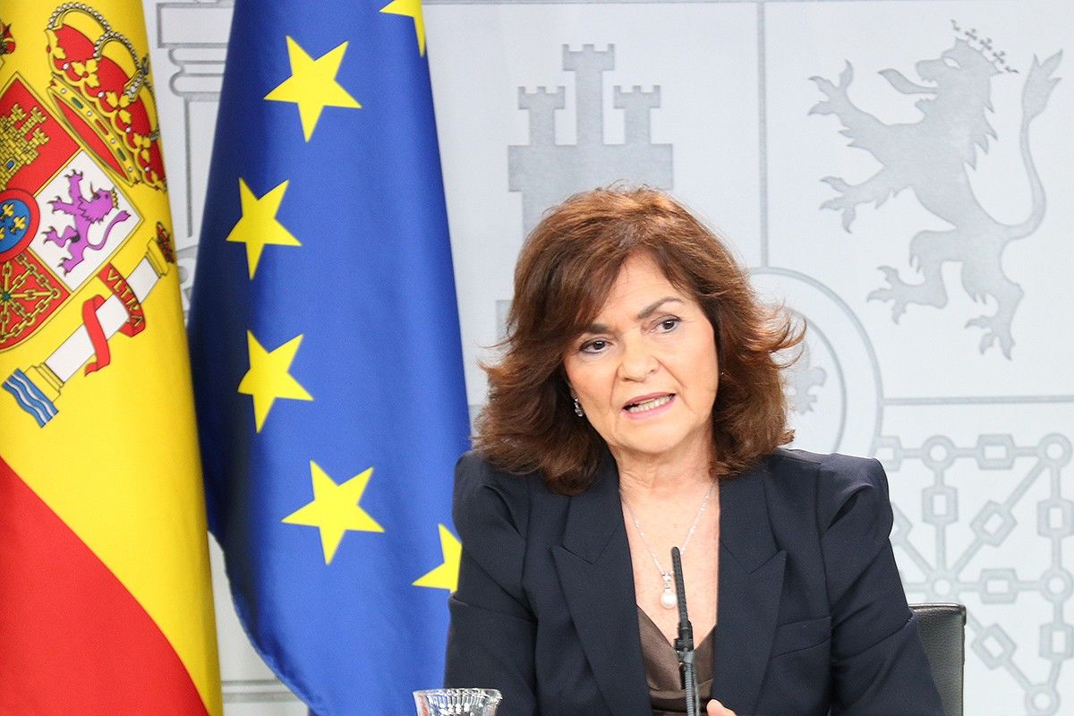 La vicepresienta del govern espanyol, Carmen Calvo, en la roda de premsa del consell de ministres