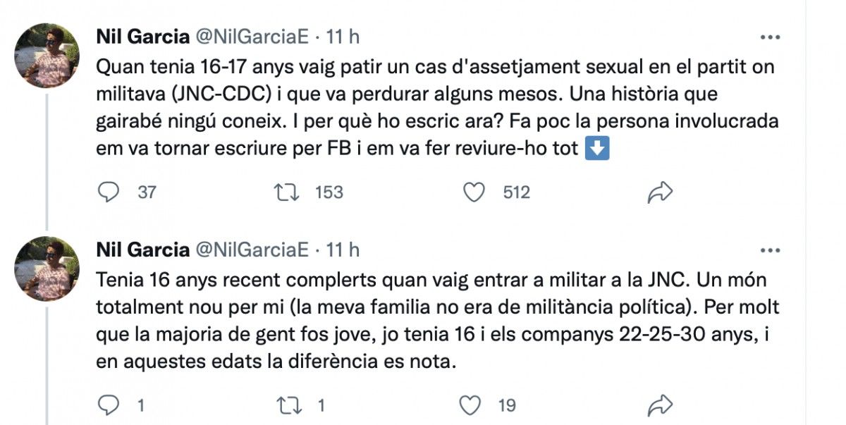 Un ex-militant de la JNC denuncia haver patit assetjament d'un membre CDC i Junts.