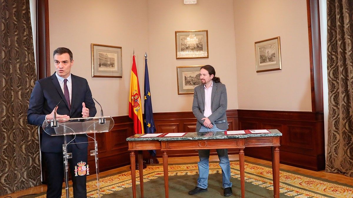 Pedro Sánchez i Pablo Iglesias, en la presentació del preacord de govern