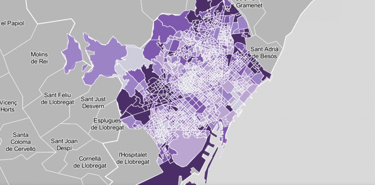 Mapa de Barcelona per seccions censals, segons els vots a Vox.