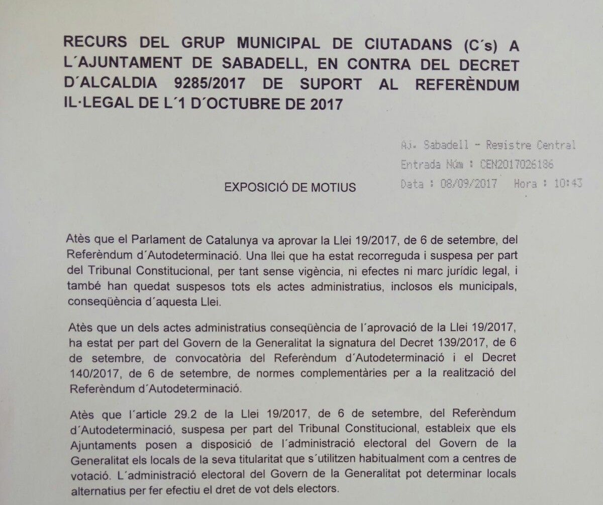Extracte d'una part del recurs d'impugnació de Ciutadans de Sabadell