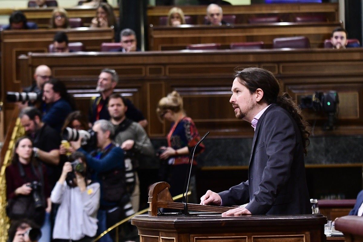 El líder de Podem, Pablo Iglesias, durant el debat d'investidura