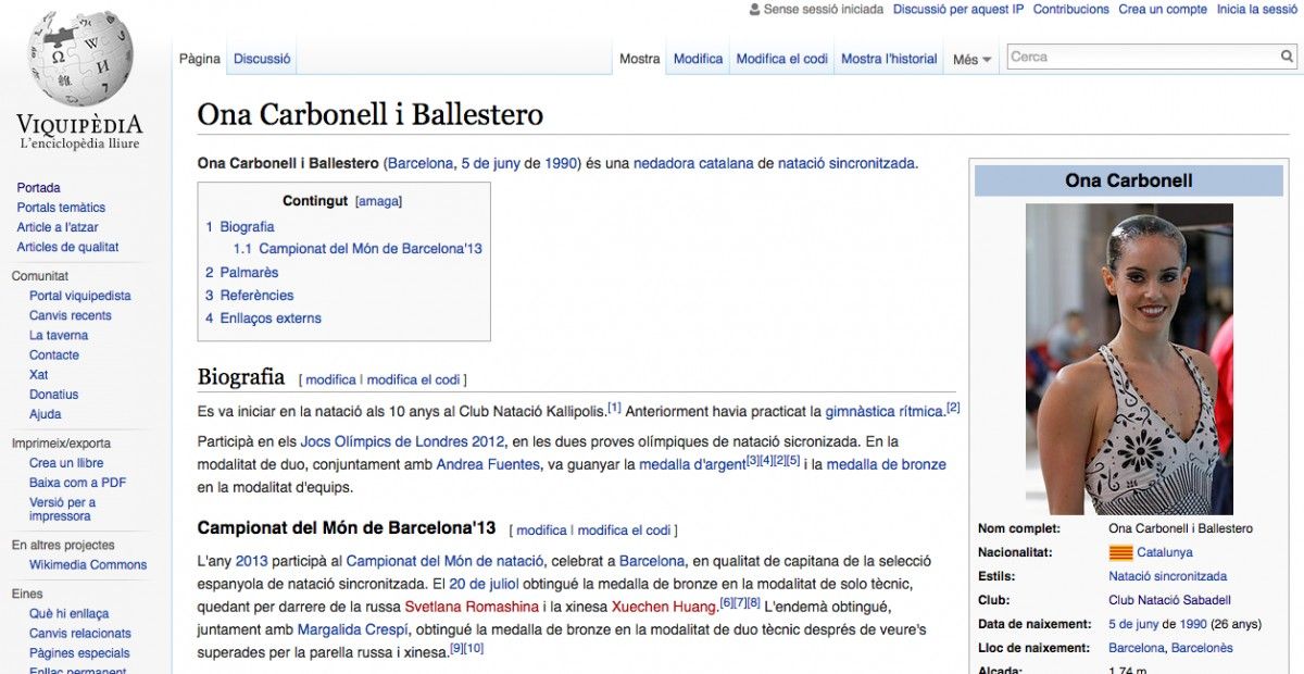 Pàgina de Viquipèdia dedicada a Ona Carbonell