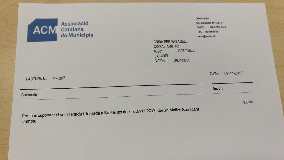 La factura que ha pagat la Crida per Sabadell del viatge de Serracant a Brussel·les