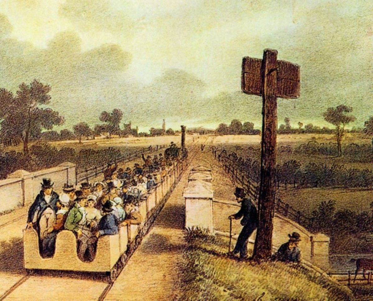 Recreació del primer trajecte en tren de la història, que va unir Liverpool i Manchester el 1830, obra del pintor A.B. Clayton