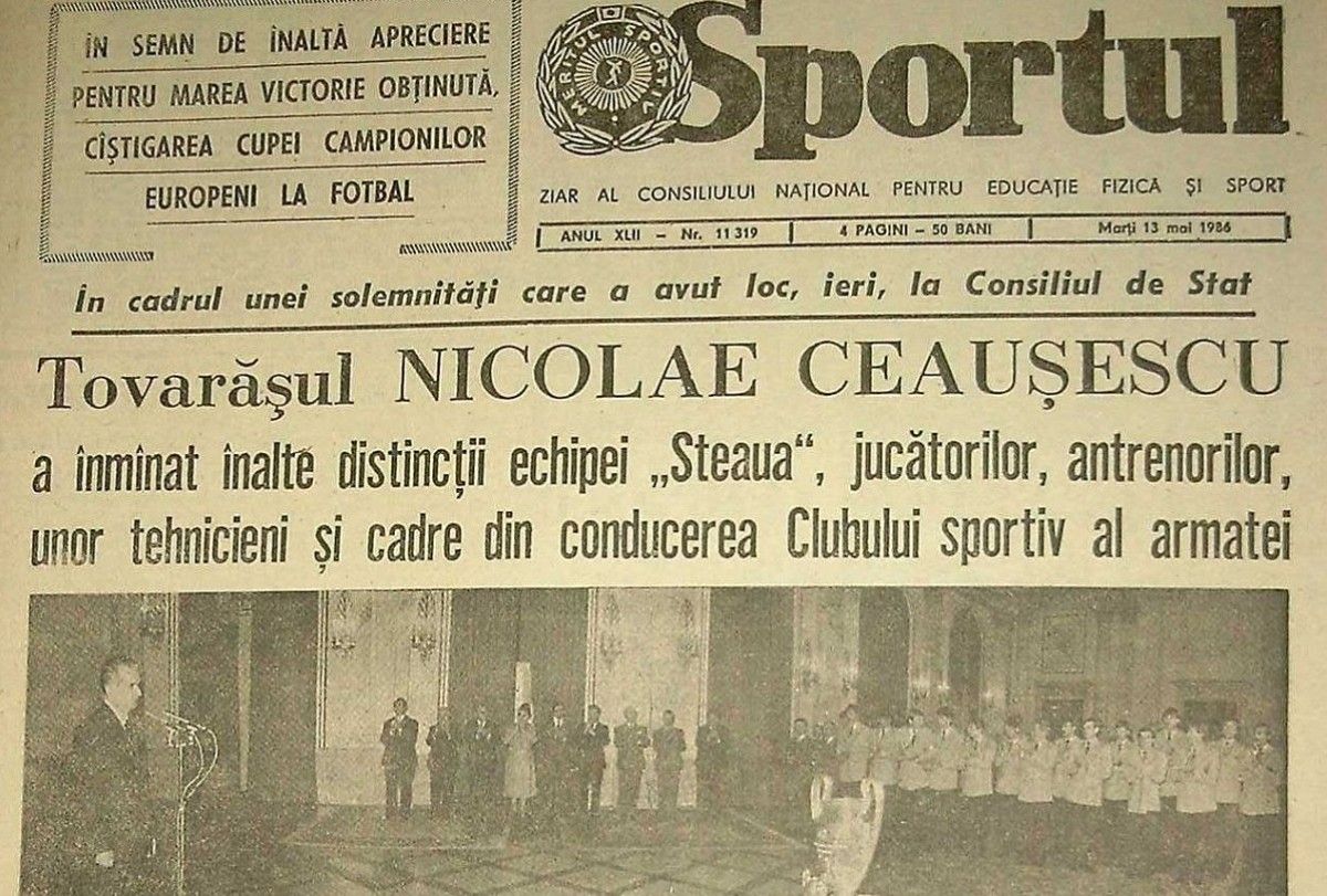 El diari esportiu romanès Sportul recull en portada la recepció que Nicolae Ceaușescu va dedicar, el 12 de juny de 1986, a l’Steaua campió d’Europa