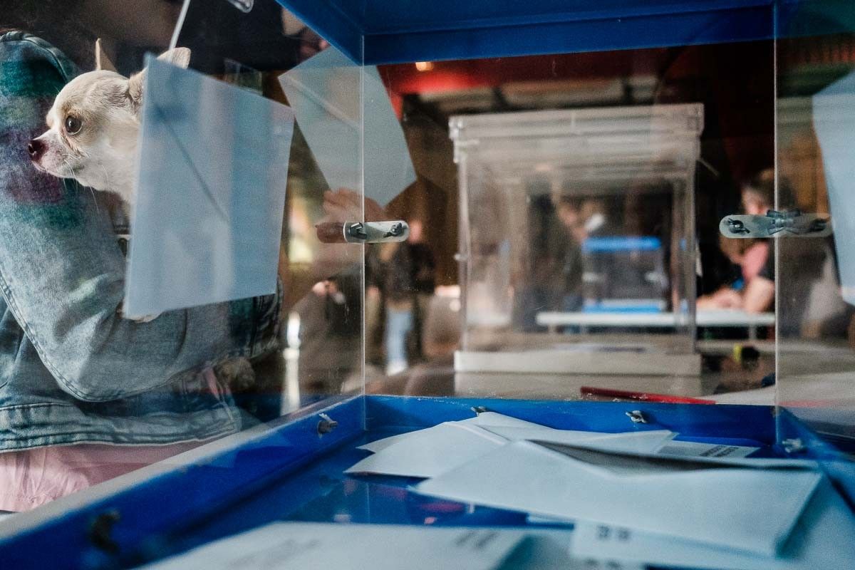 Una urna amb paperetes durant les municipals del 2019 en un col·legi de Manlleu