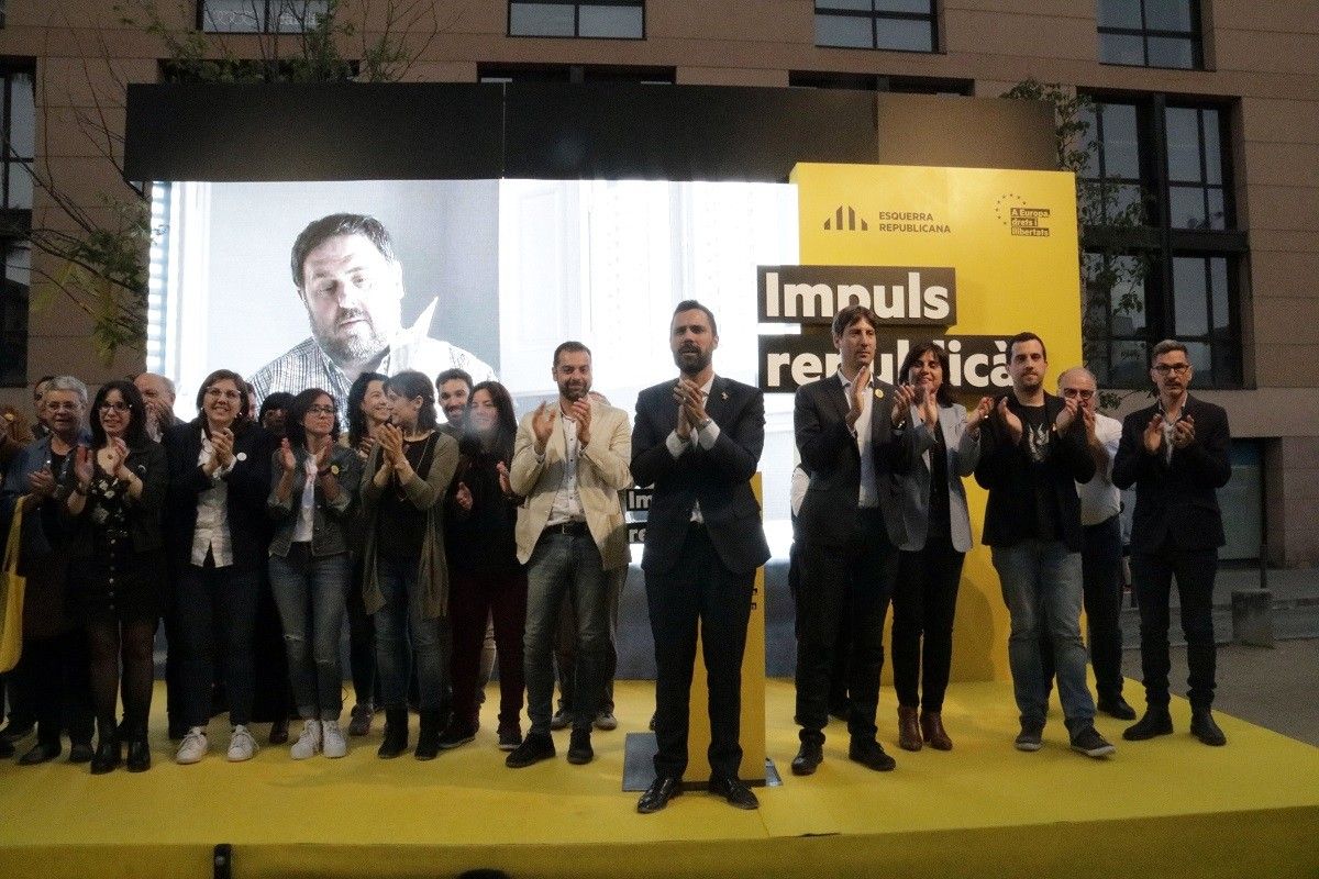 Roger Torrent, al míting de Girona on Junqueras ha intervingut a través d'un vídeo