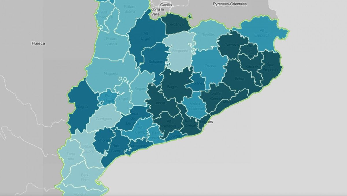 Mapa comarcal de Catalunya, segona la intensitat de l'habitatge com a problemàtica.