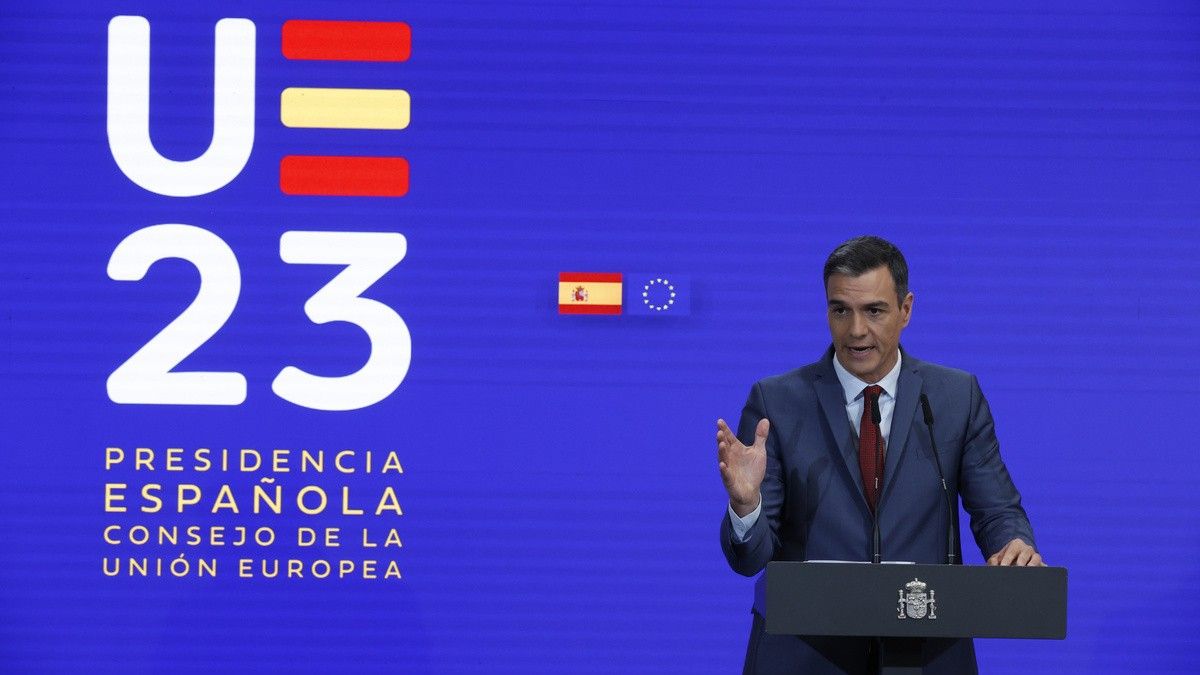 El president espanyol, Pedro Sánchez, en una roda de premsa sobre la presidència del Consell de la UE