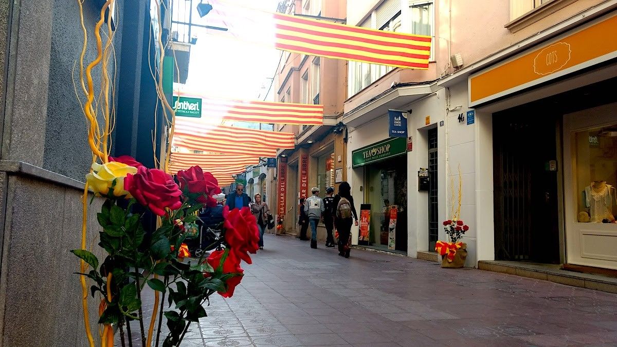 El carrer Sant Antoni, engalanat per Sant Jordi