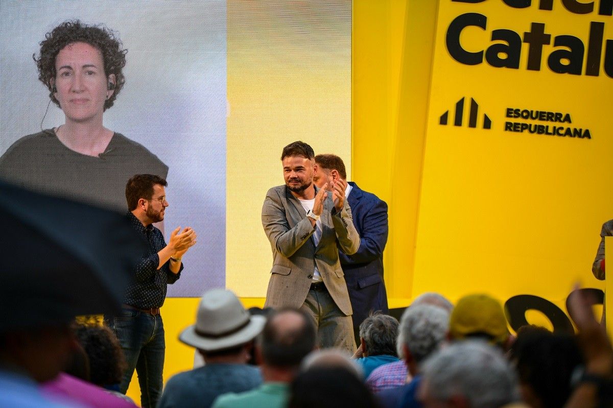 Gabriel Rufián, amb Pere Aragonès, Oriol Junqueras i Marta Rovira, en l'arrencada de campanya d'ERC