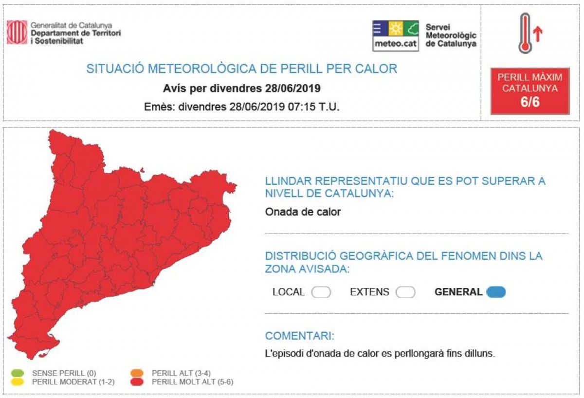 Mapa d'avisos per calor extrema a Catalunya.