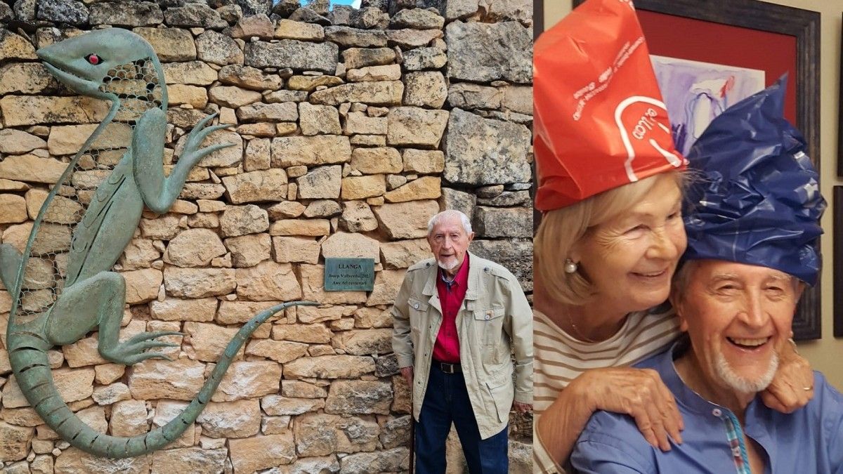 Josep Vallverdú amb la Llanga (esquerra) i amb la seva esposa, A.Vilajoliu, celebrant un aniversari