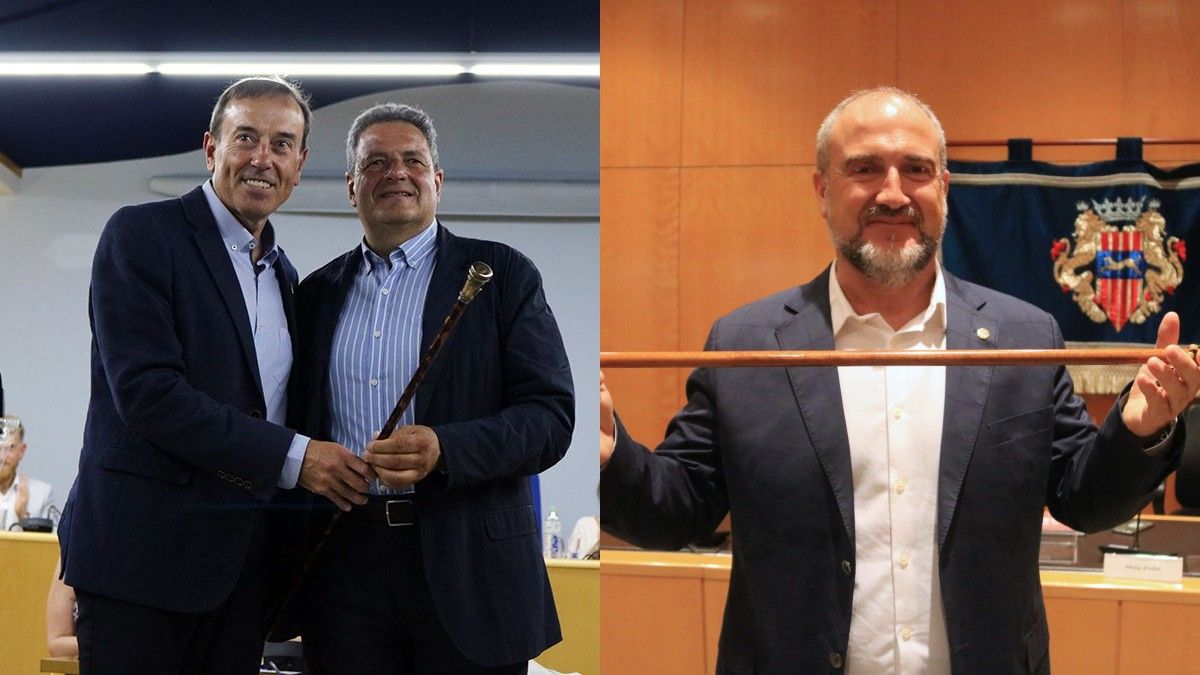 Pep Berga, més a l'esquerra de la imatge, i Alfredo Clúa, a la dreta, en ser investits alcaldes d'Olot i Cambrils respectivament