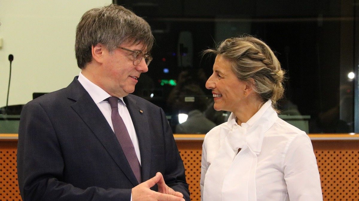 Carles Puigdemont i Yolanda Díaz, en la trobada al Parlament Europeu