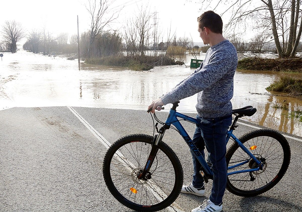 Un noi amb bicicleta observa com el Ter inunda la C-252 a Verges.