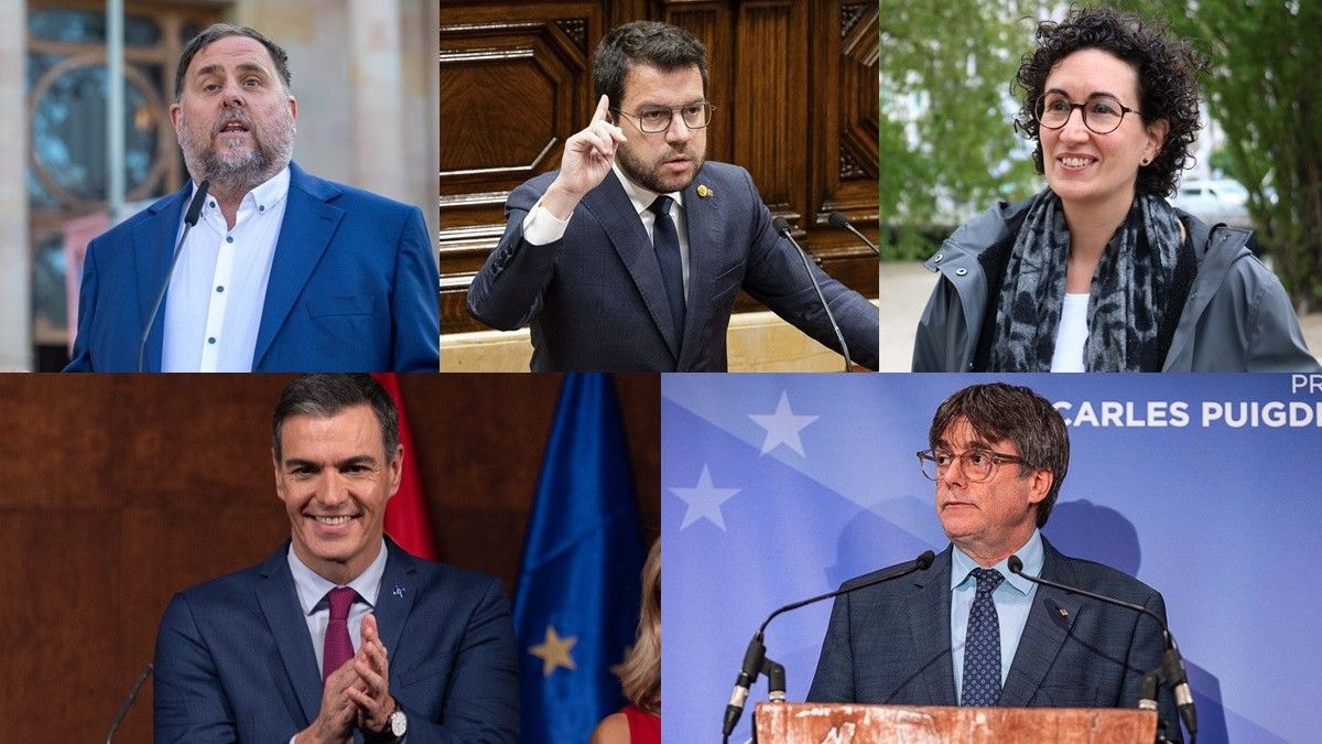 Oriol Junqueras, Pere Aragonès, Marta Rovira, Pedro Sánchez i Carles Puigdemont.