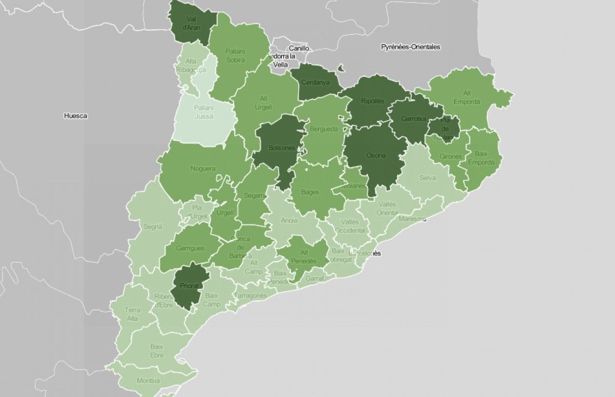 Mapa comarcal, en funció de les diferències de notes en català i castellà a primària