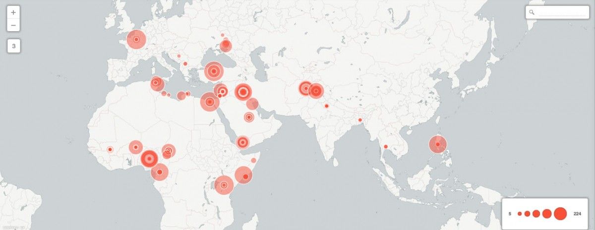 Mapa dels principals atemptats reivindicats per Estat Islàmic. La mida de les circumferències equival a les víctimes