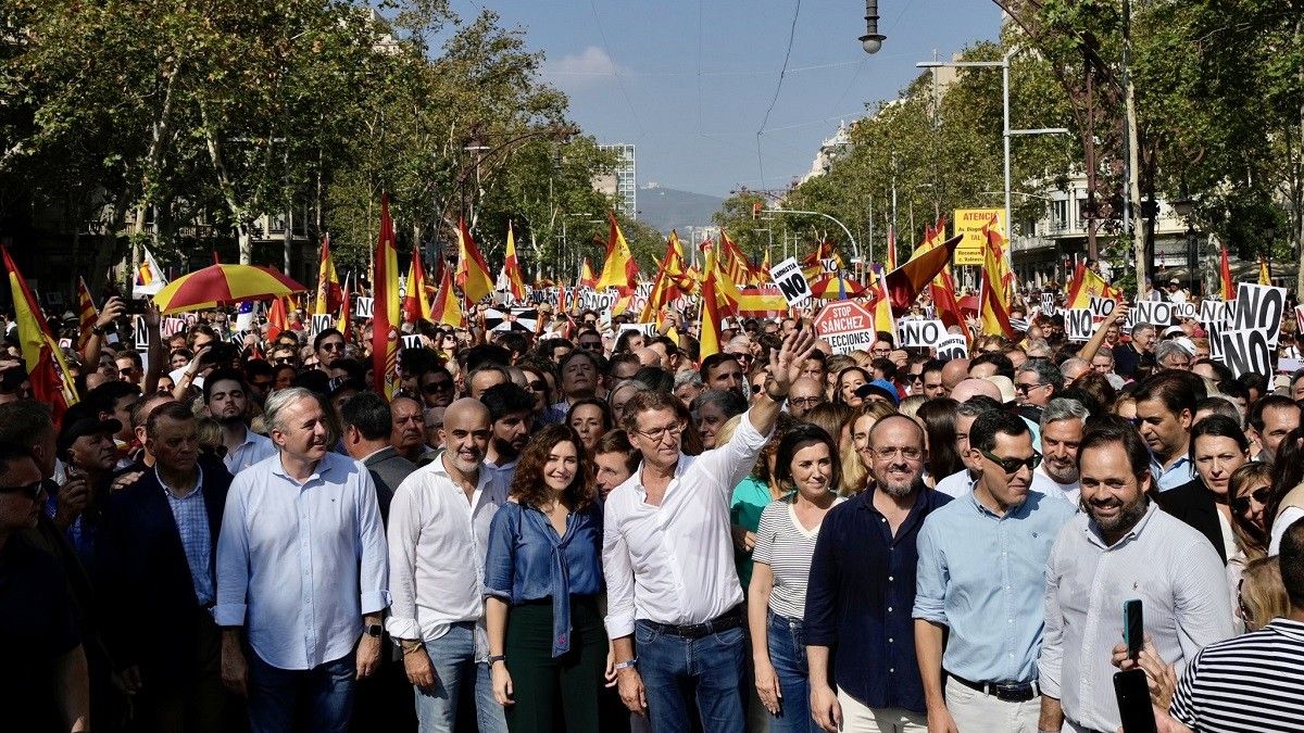 Feijóo, amb Alejandro Fernández i la plana major del PP, a la manifestació contra l'amnistia a Barcelona.