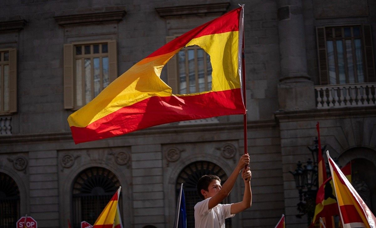 Un nen amb una bandera espanyola retallada en la manifestació contra l'amnistia a Barcelona