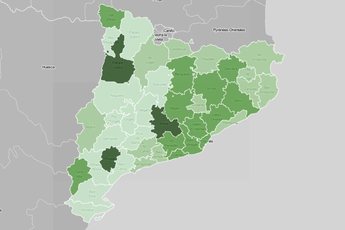 Mapa comarcal, en funció de la ràtio de morts a residències pel coronavirus.