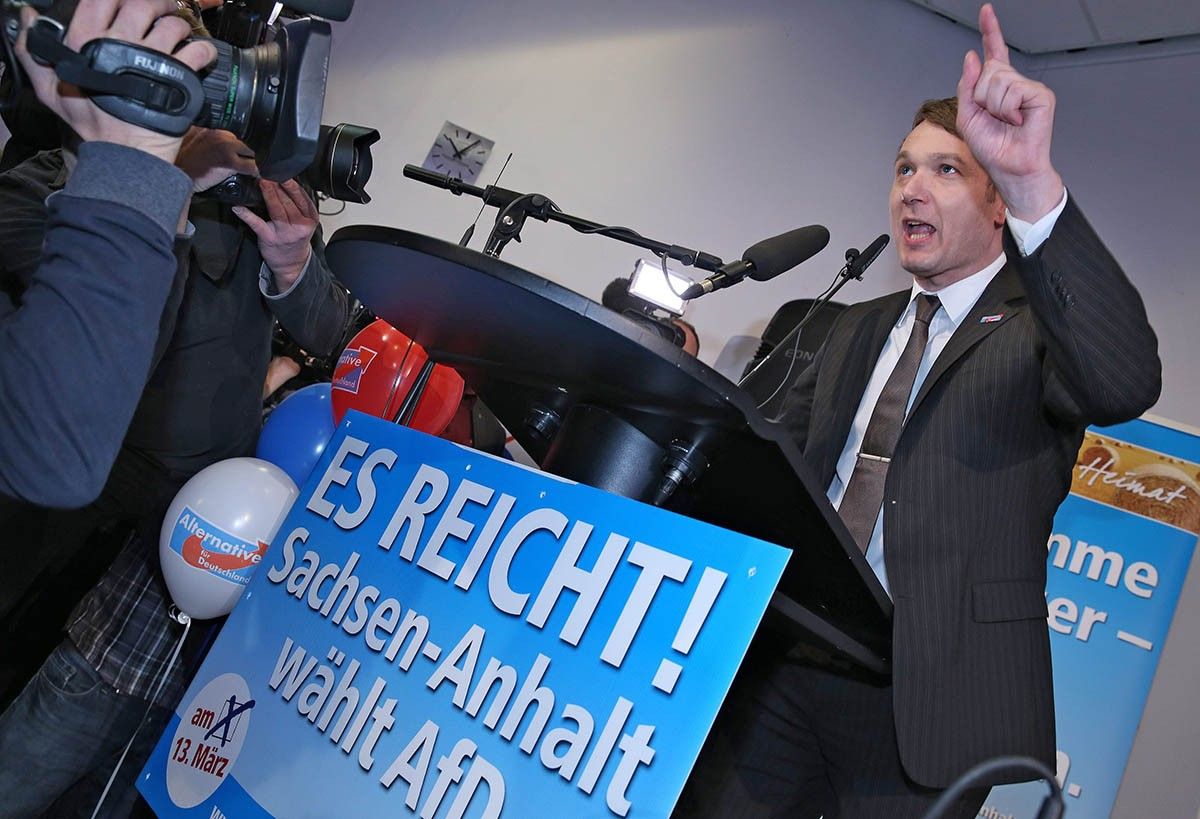 Andre Poggenburg, líder del partit d'extrema dreta Alternativa per Alemanya a Saxònia-Anhalt, després de conèixer el resultat