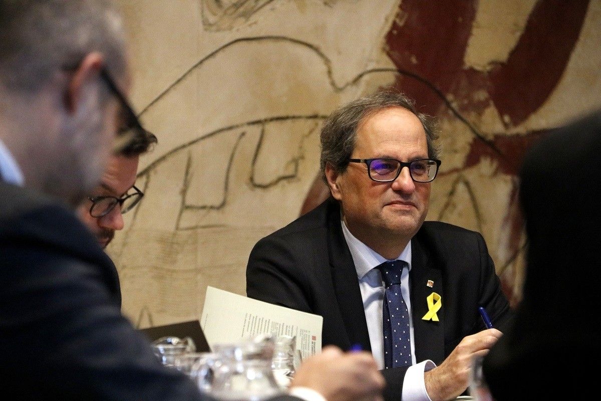 Quim Torra, Pere Aragonès i Miquel Buch, en la reunió del Govern