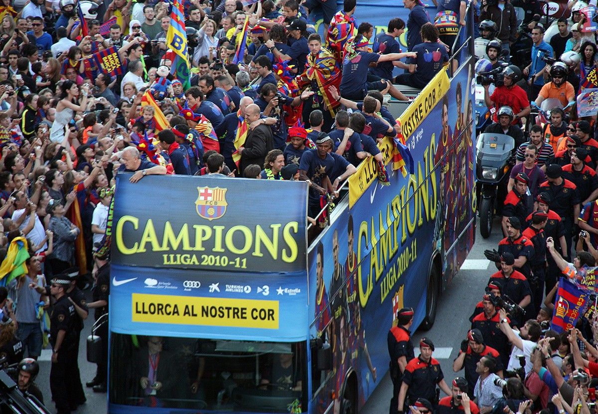 Una rua per celebrar un títol del Barça, en una imatge d'arxiu