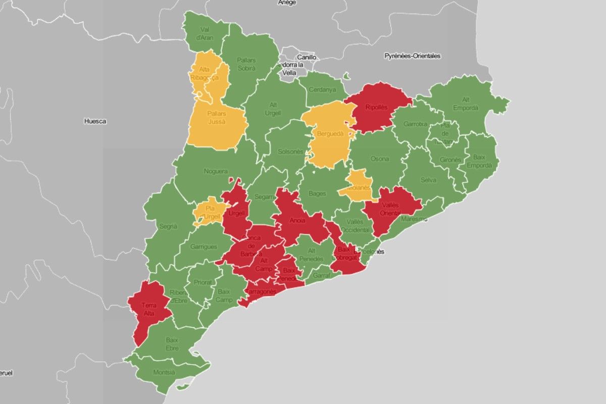 Mapa comarcal, en funció del nivell d'ocupació de les UCI.